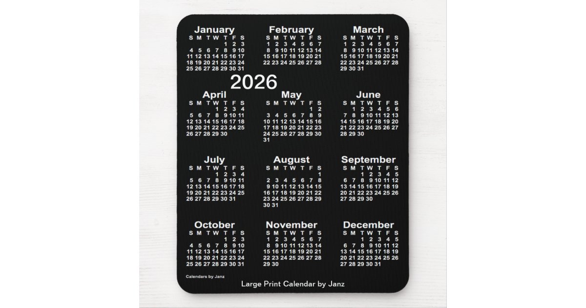 2026 Neon White Large Print Calendar by Janz Mouse Pad Zazzle
