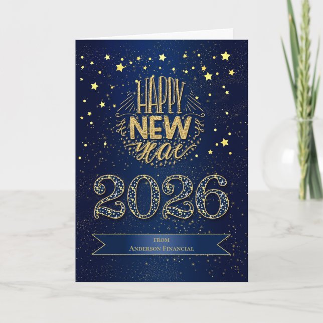 2026 New Year Blue and Gold with Name Holiday Card (Front)
