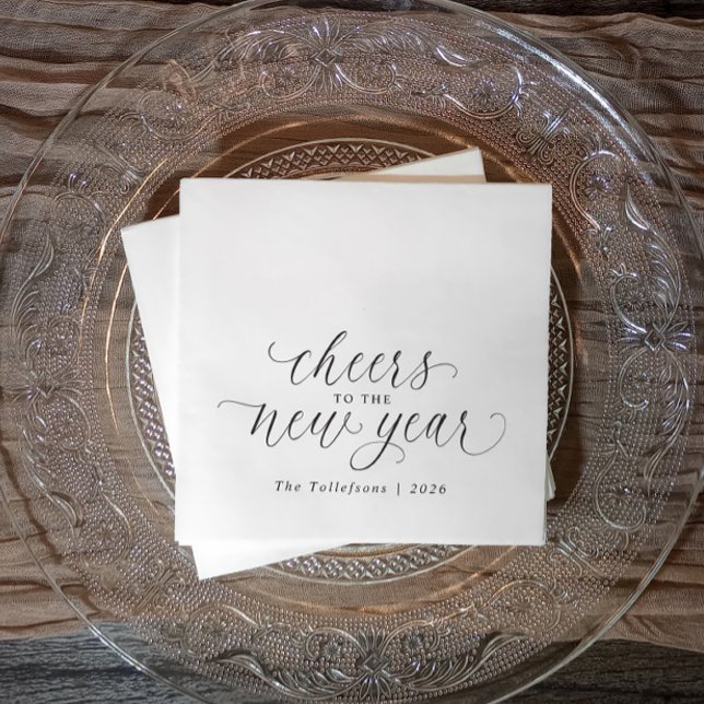 2026 New Year Cheers Elegant Script Party Napkins (Elegant black and white New Year’s napkin with “cheers to the new year 2026” in chic script.)