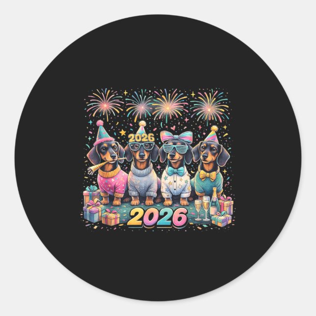 2026 New Year Dachshund Party Fireworks Fun  Classic Round Sticker (Front)