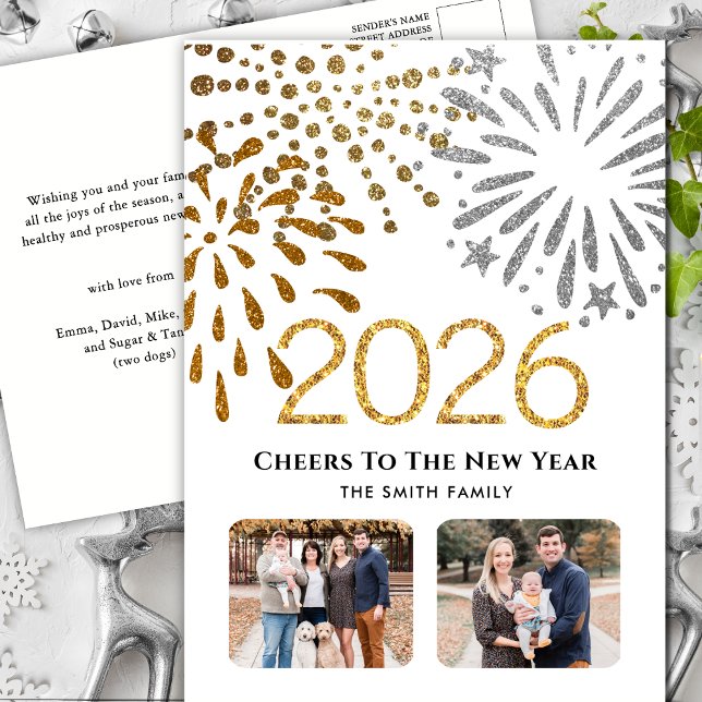 2026 New Year Festive Fireworks Gold Family Photo  Holiday Postcard (Creator Uploaded)