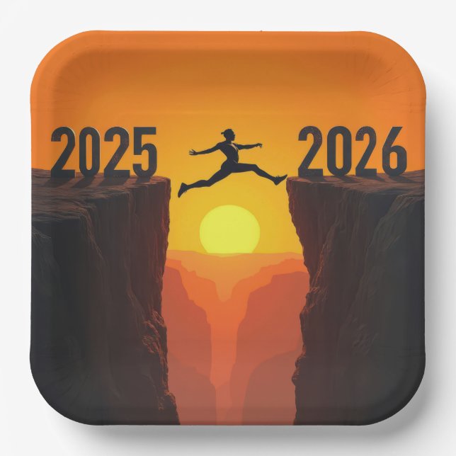 2026 New Year Silhouette Leaping a Cliff Paper Plates (Front)
