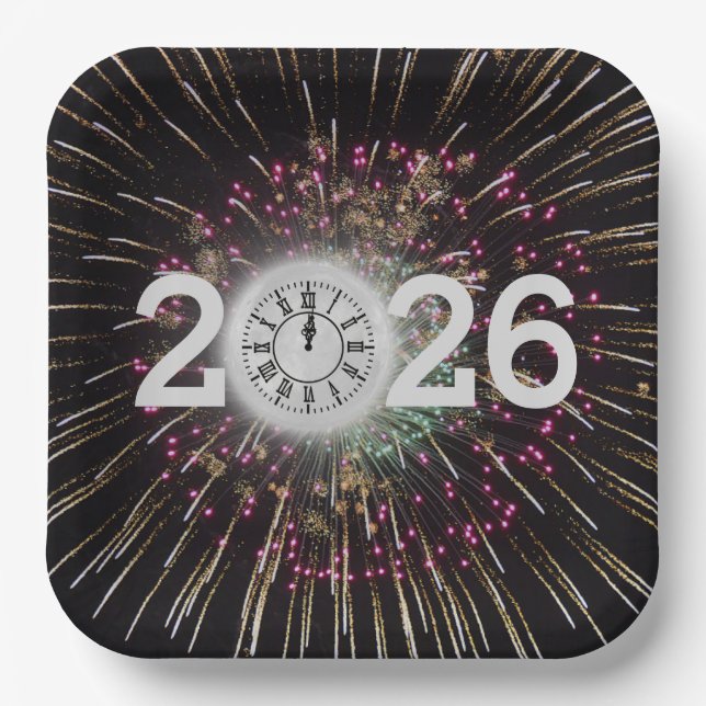 2026 New Years Eve Moon And Clock Paper Plates (Front)