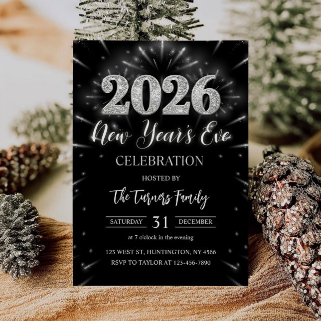 2026 New Year's Eve Party Black & Silver Glitter Invitation (Creator Uploaded)