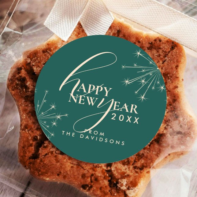 2026 New Year's Festive Stylish Typography Teal  Classic Round Sticker (Creator Uploaded)