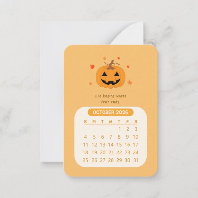 2026 October Monthly Kawaii Motivational Calendar Note Card (Front)