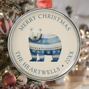 2026 Personalized Blue Polar Bear Merry Christmas Metal Ornament