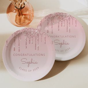 2026 Personalized Pink Glitter Drip Graduation Paper Plates