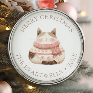 2026 Personalized Watercolor Cat Merry Christmas Metal Ornament