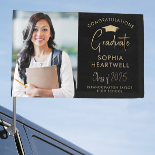 2026 Photo Black Gold Graduation Car Flag