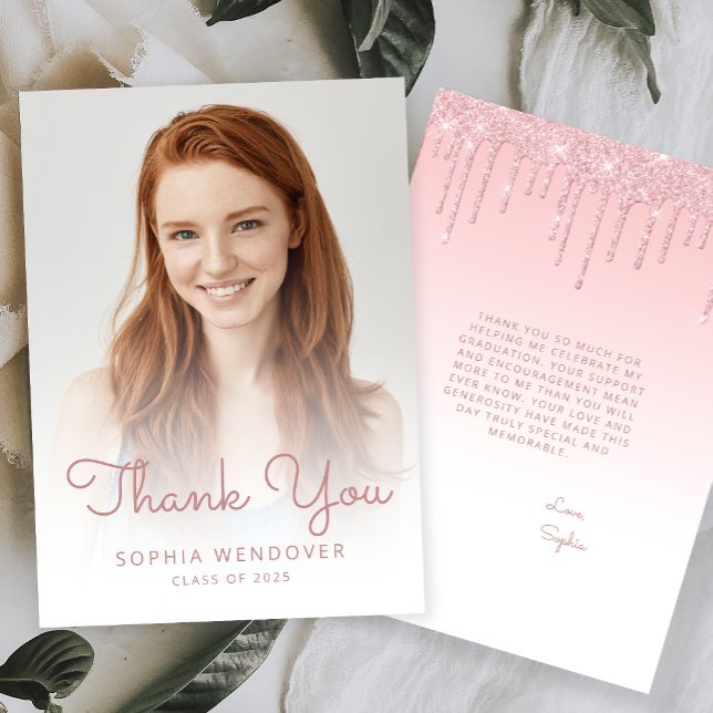 2026 Photo Blush Pink Glitter Drip Graduation Thank You Card (Creator Uploaded)