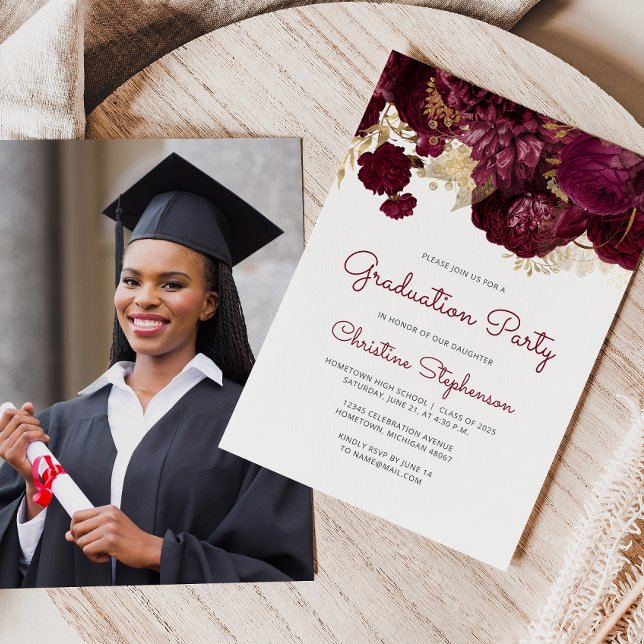 2026 Photo Burgundy Floral Graduation Party Invitation (Creator Uploaded)