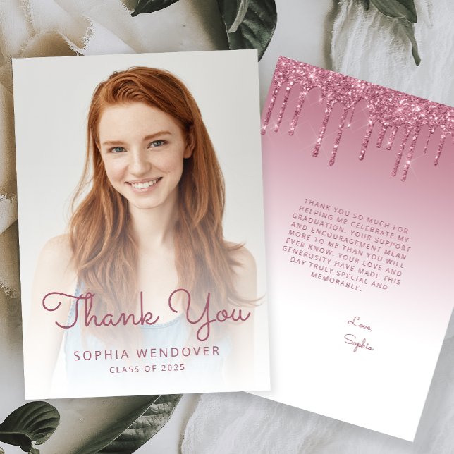 2026 Photo Burgundy Glitter Drip Graduation Thank You Card (Creator Uploaded)