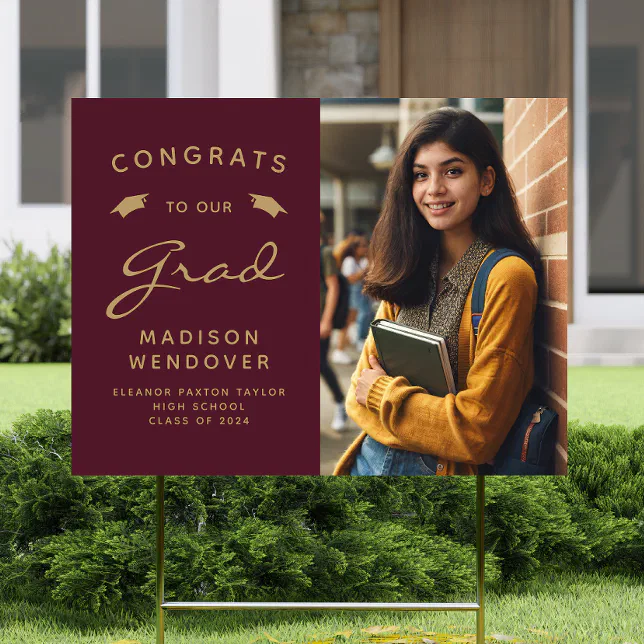 2026 Photo Burgundy Gold Graduation Yard Sign | Zazzle