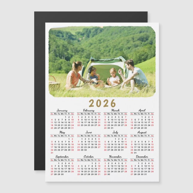 2026 Photo Calendar Magnet Modern Red Black White (Front/Back)
