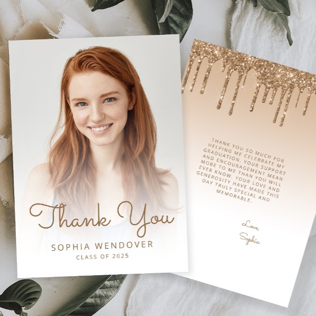 2026 Photo Gold Glitter Drip Graduation Thank You Card (Creator Uploaded)
