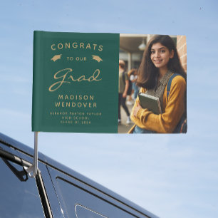 2026 Photo Green and Gold Graduation Car Flag