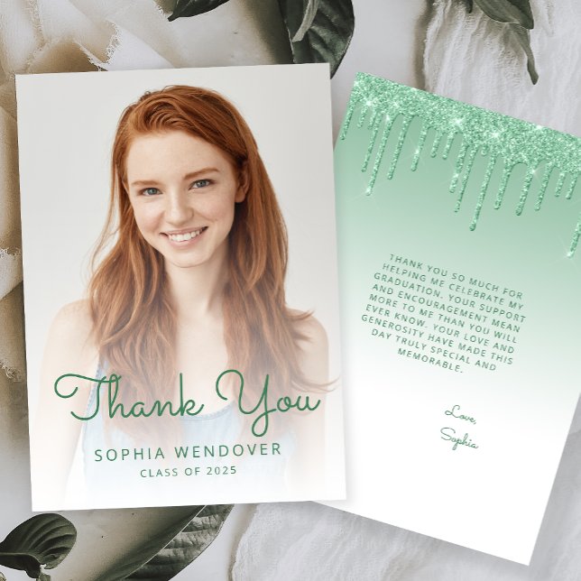 2026 Photo Green Glitter Drip Graduation Thank You Card (Creator Uploaded)