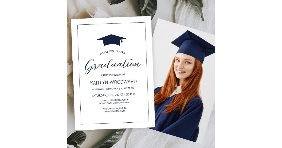 2026 Photo Navy Blue Cap Modern Graduation Party Invitation | Zazzle