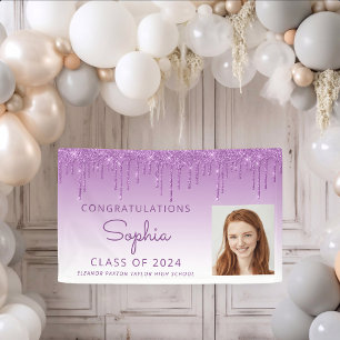 2026 Photo Purple Glitter Drip Graduation Banner