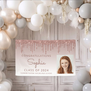 2026 Photo Rose Gold Glitter Drip Graduation Banner