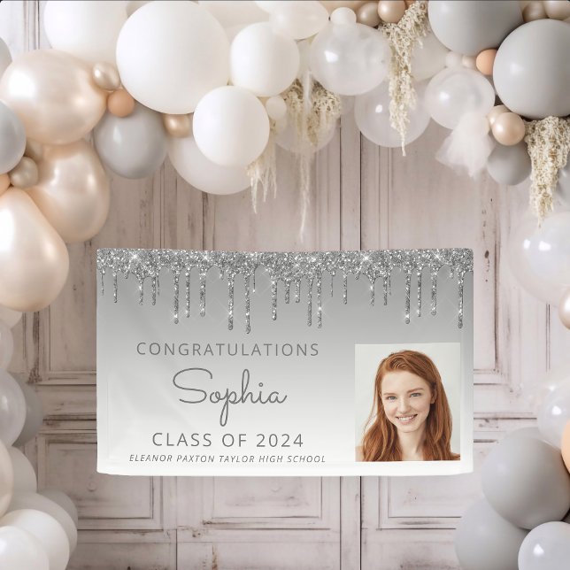 2026 Photo Silver Glitter Drip Graduation Banner (Creator Uploaded)