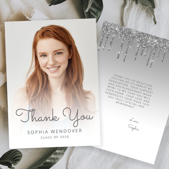 2026 Photo Silver Glitter Drip Graduation Thank You Card (Creator Uploaded)