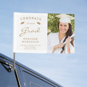 2026 Photo White and Gold Graduation Car Flag