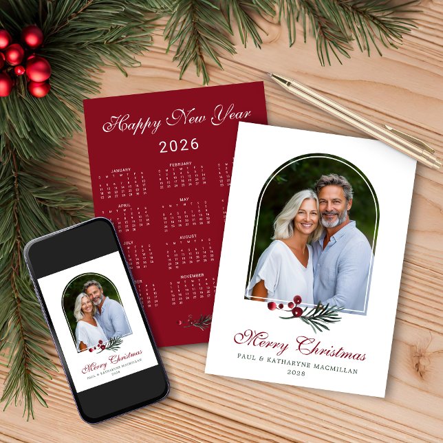 2026 Pine Arch Dark Red Christmas Photo Calendar Holiday Card (2026 Pine Arch Dark Red Christmas Photo Calendar Holiday Card with Instant Download Option)