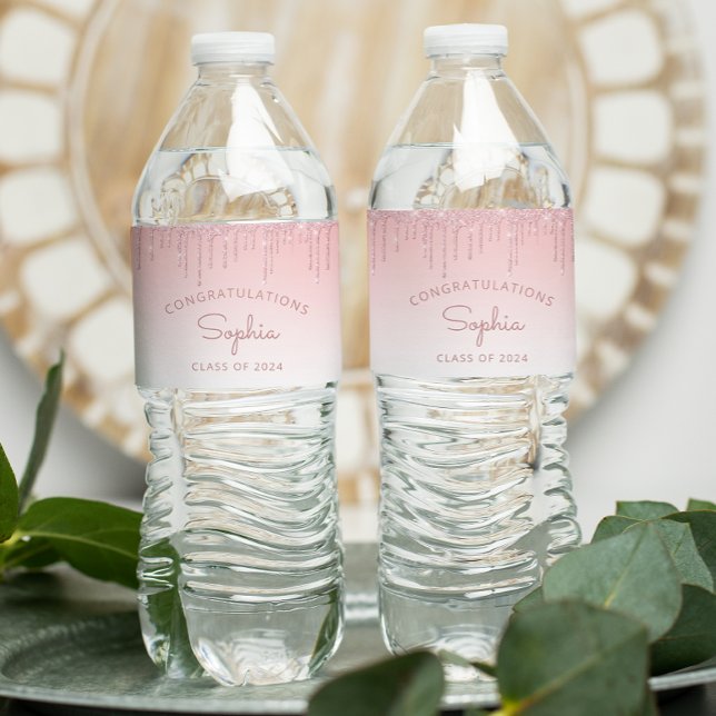 2026 Pink Glitter Drip Graduation Party Water Bottle Label (Creator Uploaded)