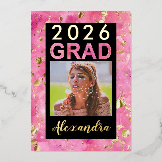 2026 Pink Gold Watercolor Art Photo Graduation Foil Invitation (Front)