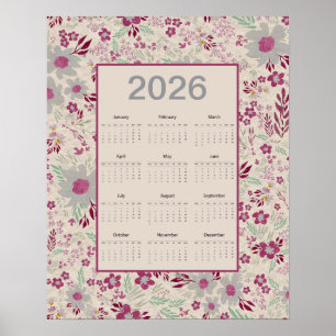 2026 Pink Gray Floral Pattern Calendar Poster
