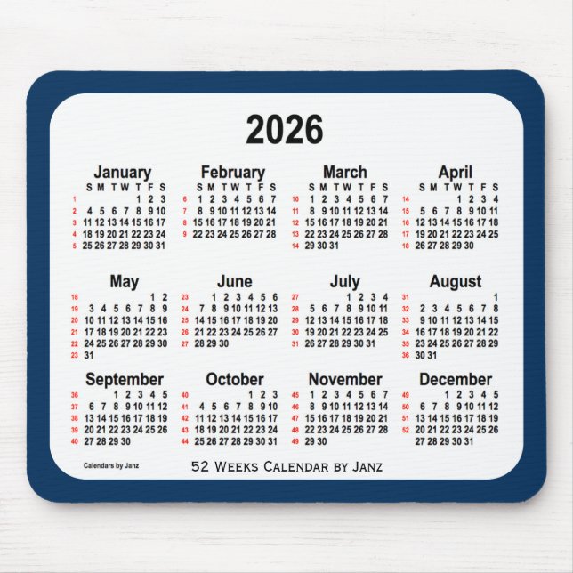 2026 Police Box Blue 52 Weeks Calendar by Janz Mouse Pad (Front)