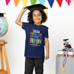 2026 Preschool Graduate Personalized Blue Kids T-Shirt<br><div class="desc">This adorable 2026 preschool graduate t-shirt features a cool grad cap above colorful writing and a row of crayons in rainbow. Fun PreK graduate keepsake tee in navy blue for the last day of elementary school with your kid's name personalized in blue. Congratulations to our Pre-K graduates!</div>
