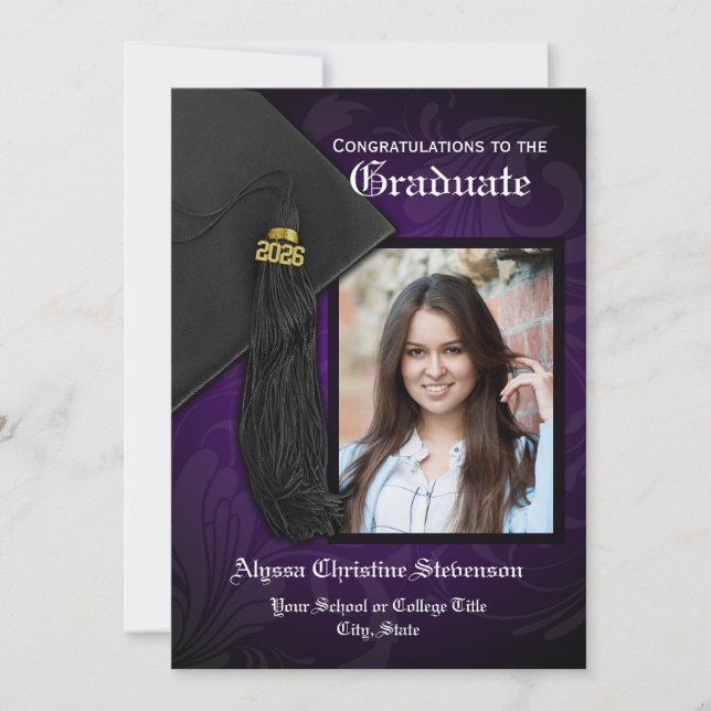2026 Purple Black Tassel Charm Photo Graduation Invitation (Front)