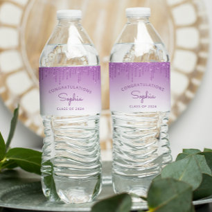 2026 Purple Glitter Drip Graduation Party Water Bottle Label