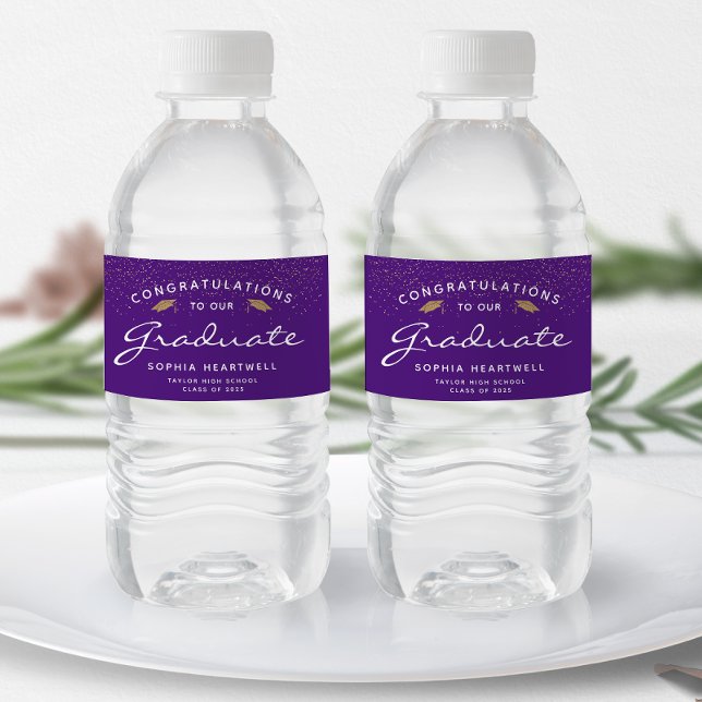 2026 Purple Gold Cap White Script Graduation Water Bottle Label (Creator Uploaded)