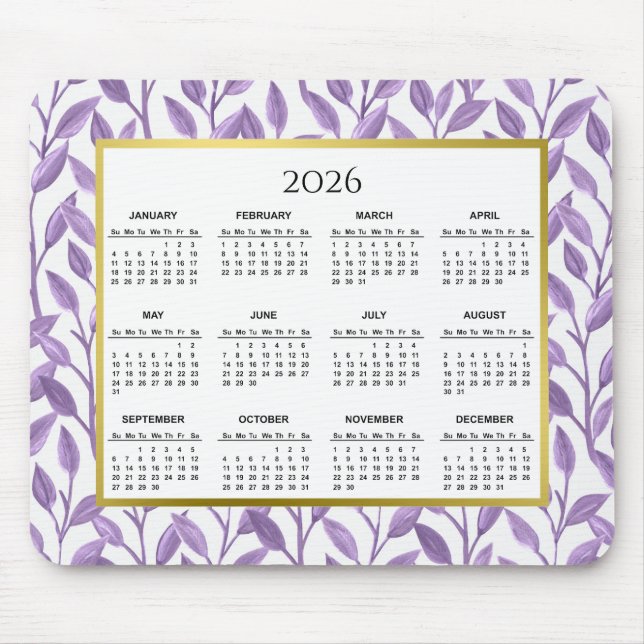 2026 Purple & Gold Floral Vines Calendar Mouse Pad (Front)