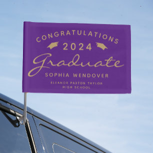2026 Purple Gold Script Caps Graduation Car Flag
