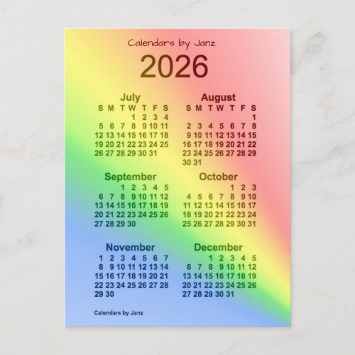 2026 Rainbow 6 Month Mini Calendar by Janz Postcard