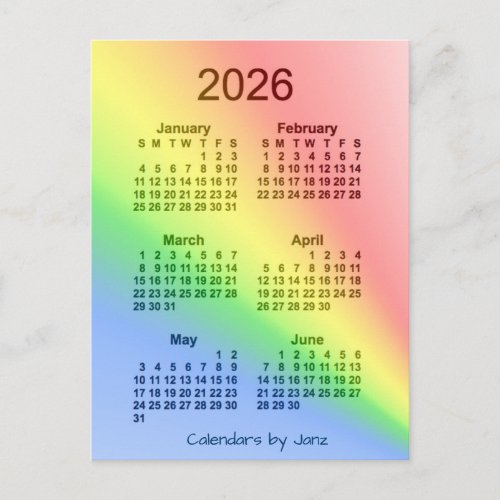 2026 Rainbow 6 Month Mini Calendar by Janz Postcard