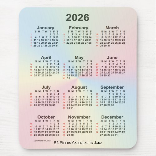 2026 Rainbow Cloud 52 Week Calendar by Janz Mouse Pad