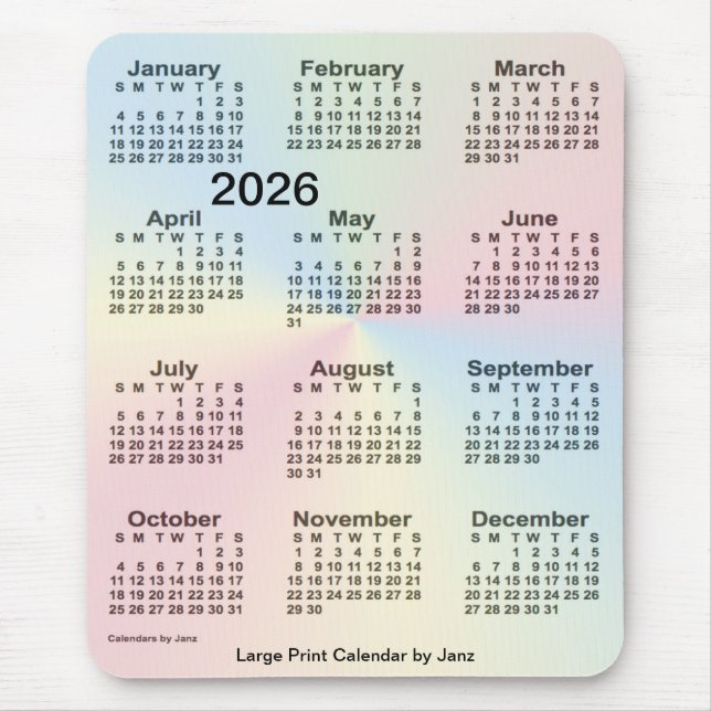 2026 Rainbow Cloud Large Print Calendar by Janz Mouse Pad (Front)