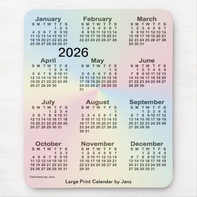 2026 Rainbow Cloud Large Print Calendar by Janz Mouse Pad Zazzle