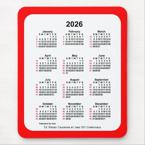 2026 Red 52 Weeks ISO Calendar by Janz Two Tone Mouse Pad