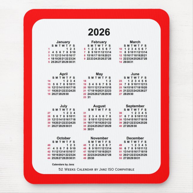 2026 Red 52 Weeks ISO Calendar by Janz Two Tone Mouse Pad (Front)
