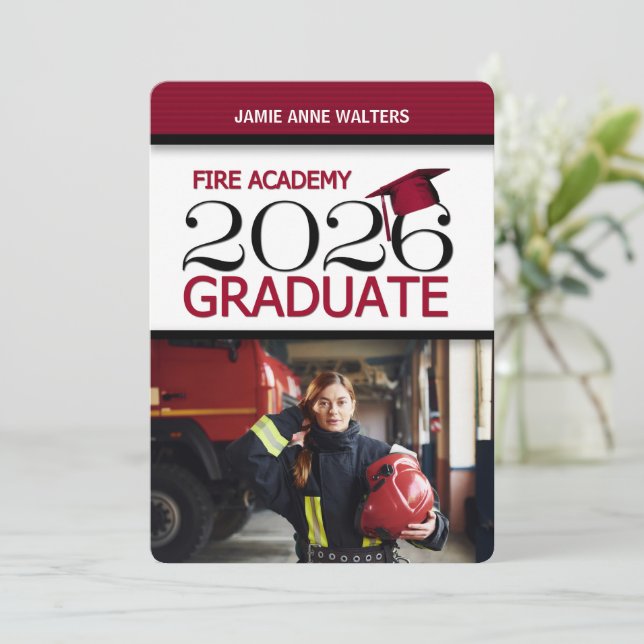 2026 Red and White Photo Fire Academy Graduation Invitation (Standing Front)