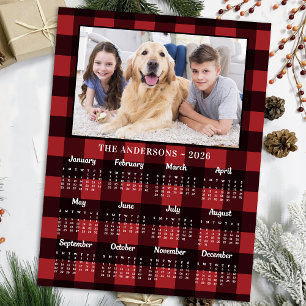 2026 Red Buffalo Plaid Family Dog Photo Calendar Holiday Postcard
