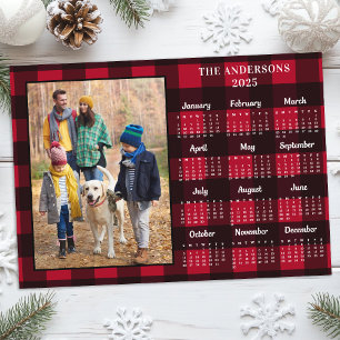 2026 Red Buffalo Plaid Personalized Photo Calendar Holiday Card