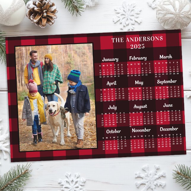 2026 Red Buffalo Plaid Personalized Photo Calendar Holiday Card (Creator Uploaded)